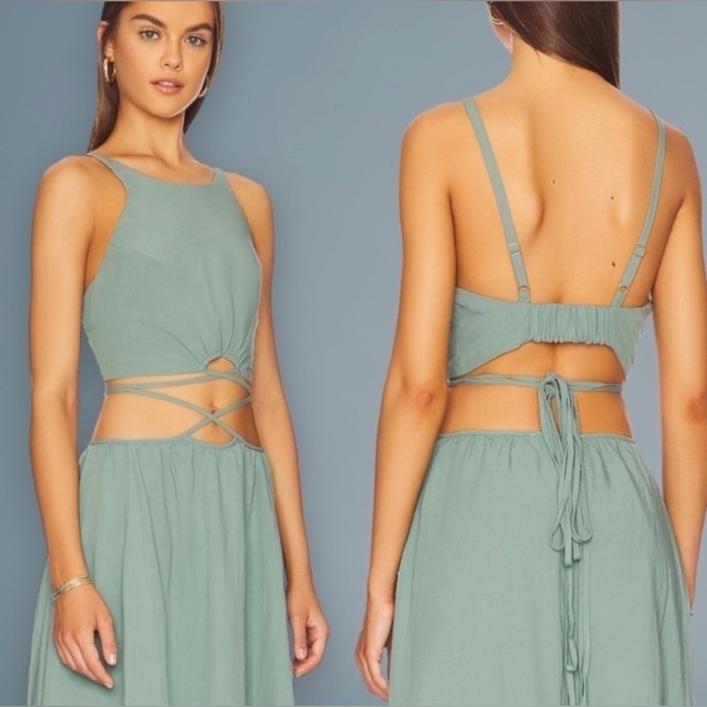 Astr Divine Tie Waist Top in Dark Sage- Small